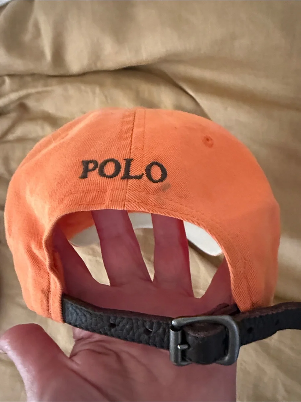 Vintage Polo Ralph Lauren Orange Baseball Hat Brown Polo Logo Leather Fastener